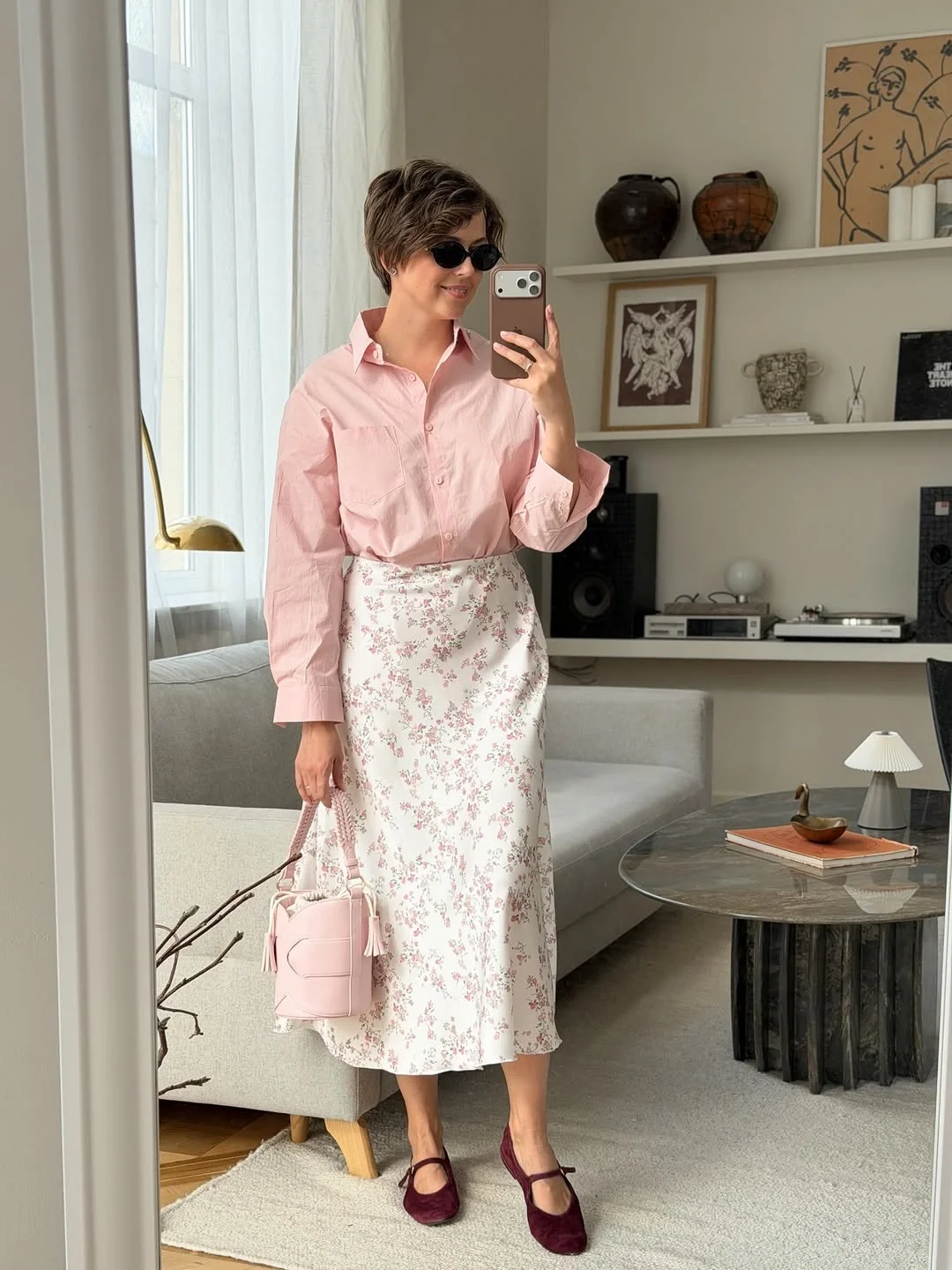 midi skirt fall outfit 2026 Soft Pink Layers That Feel Fresh for Early Fall