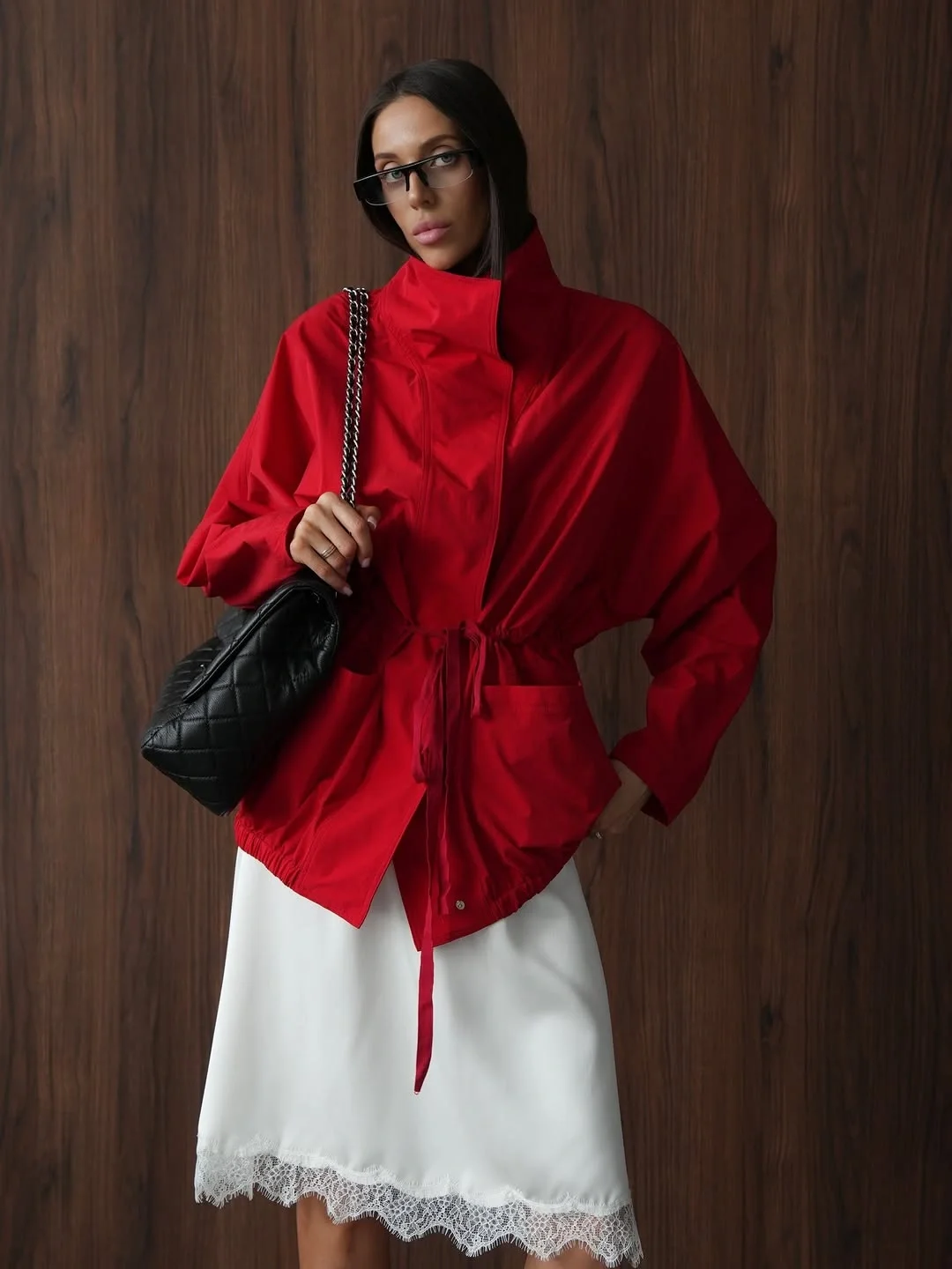 midi skirt fall outfit 2026 Bold Red Outerwear Refreshes A Classic Midi Skirt