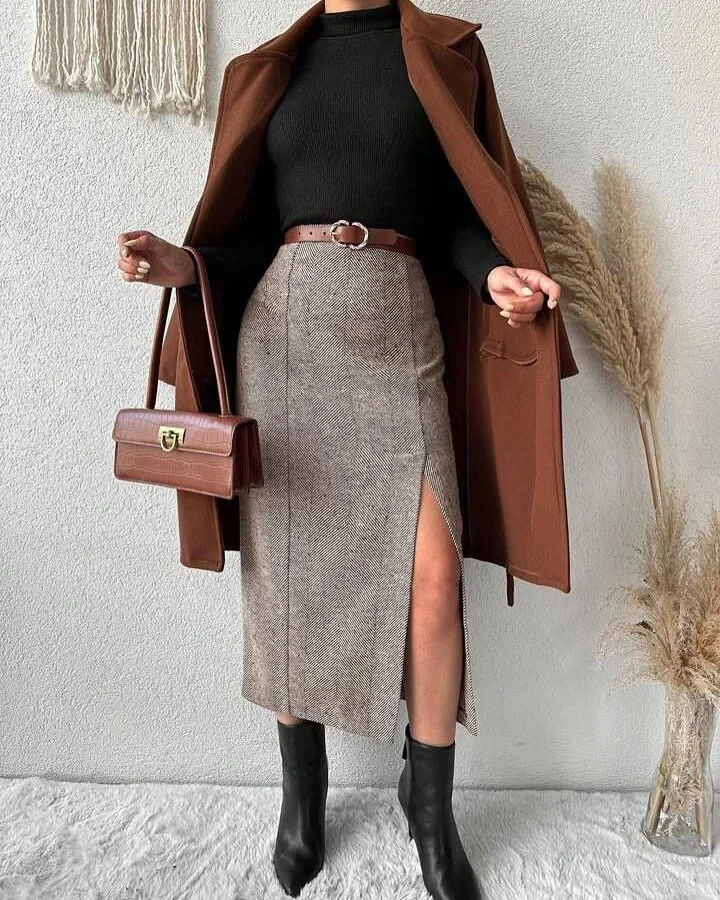 midi skirt fall outfit 2026 Brown Layers Make Classic Fall Style Feel Timeless
