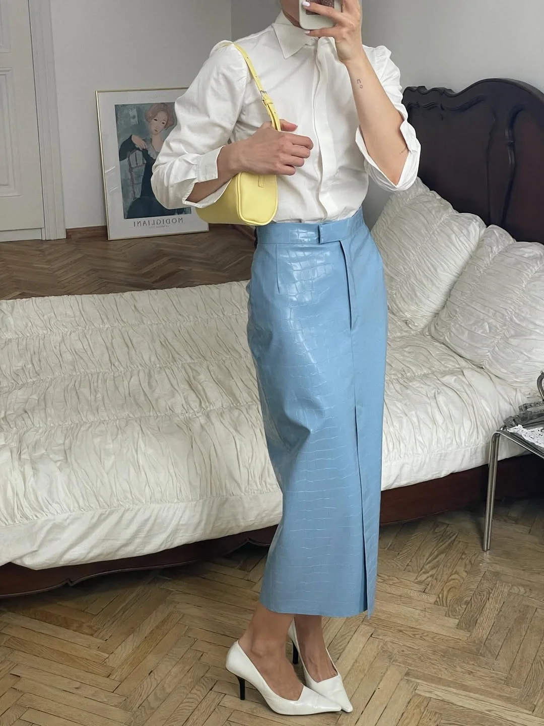 midi skirt fall outfit 2026 Powder Blue Leather Brings Modern Sophistication