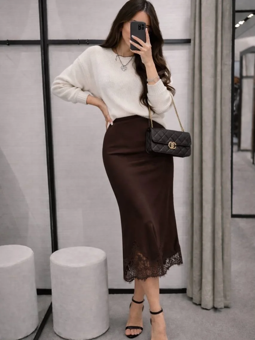 midi skirt fall outfit 2026 Chocolate Satin Brings Quiet Luxury Into Fall