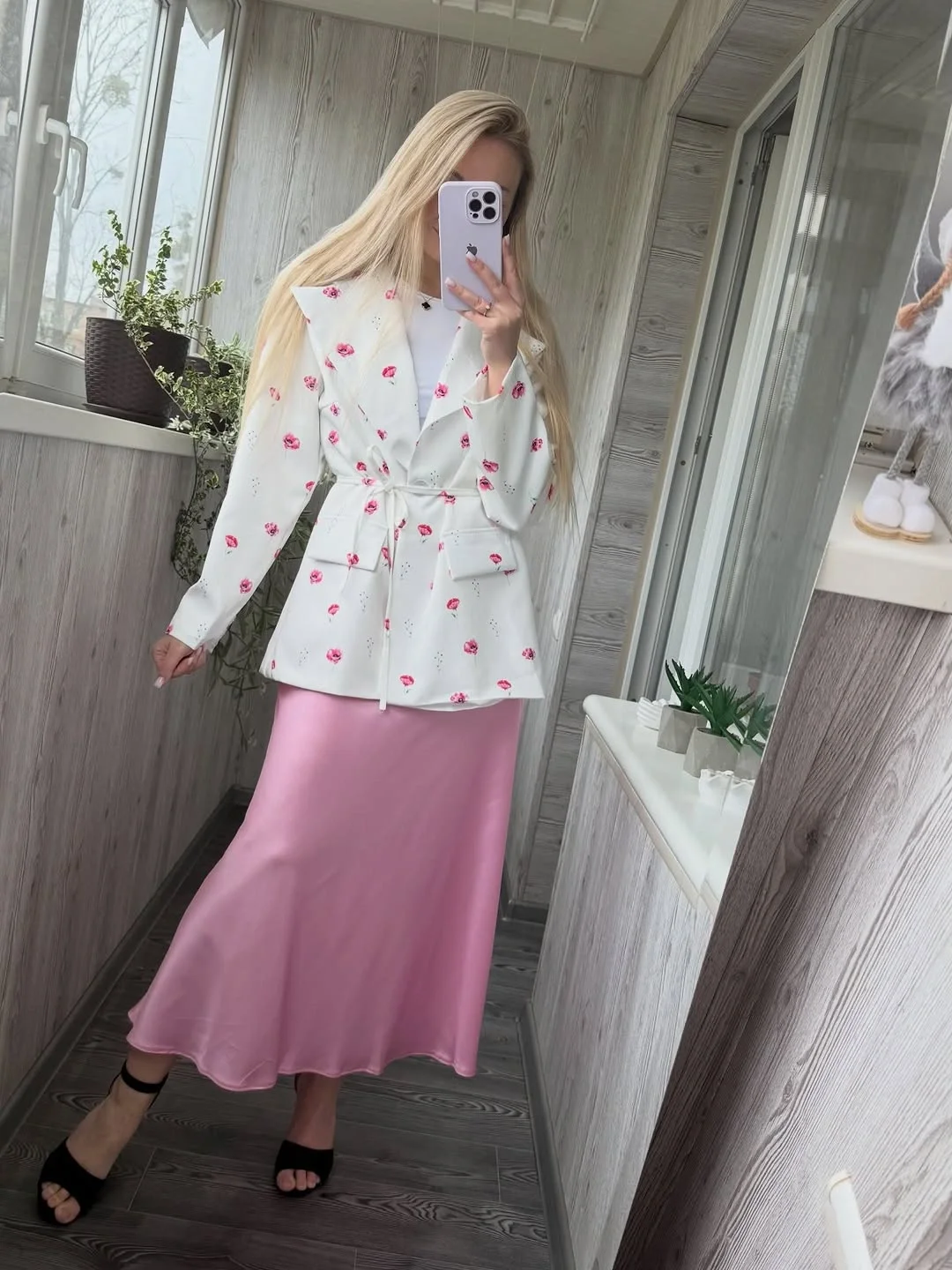 midi skirt fall outfit 2026 Pink Satin With Romantic Floral Details