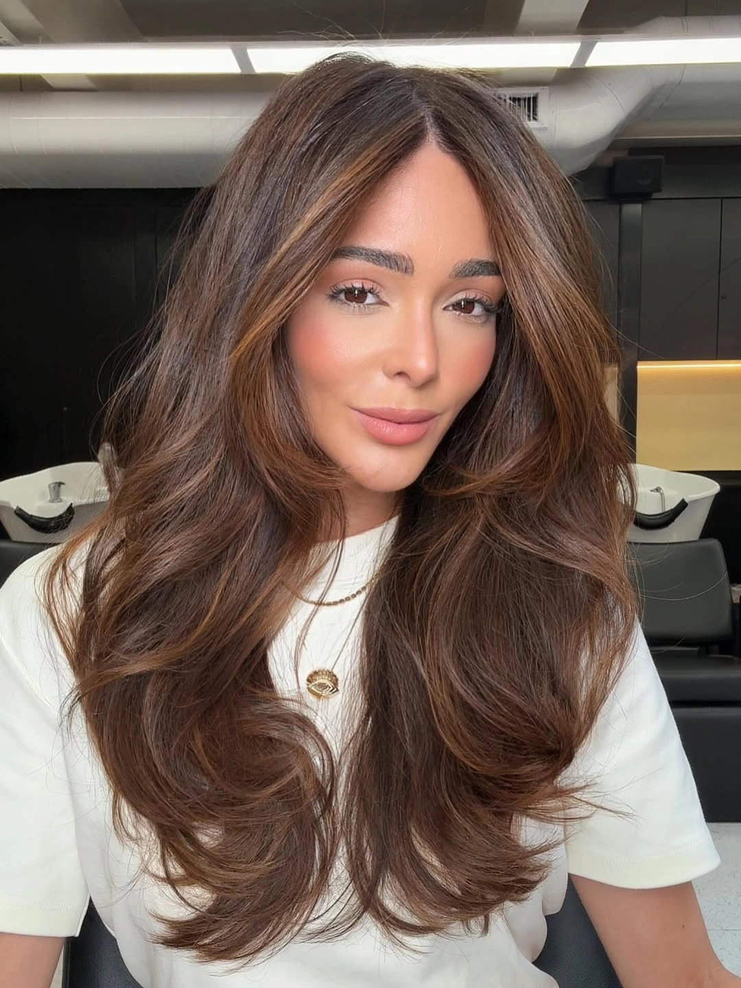 rich fall brunette hair colour 2026 Chestnut Brunette With Glossy Feathered Layers