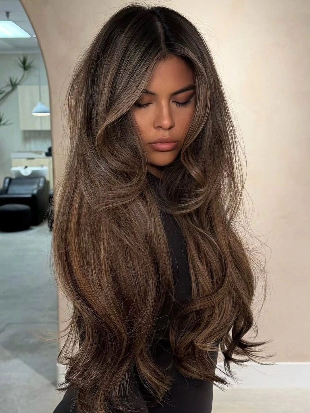 rich fall brunette hair colour 2026 Smoky Mocha Brunette With Seamless Balayage
