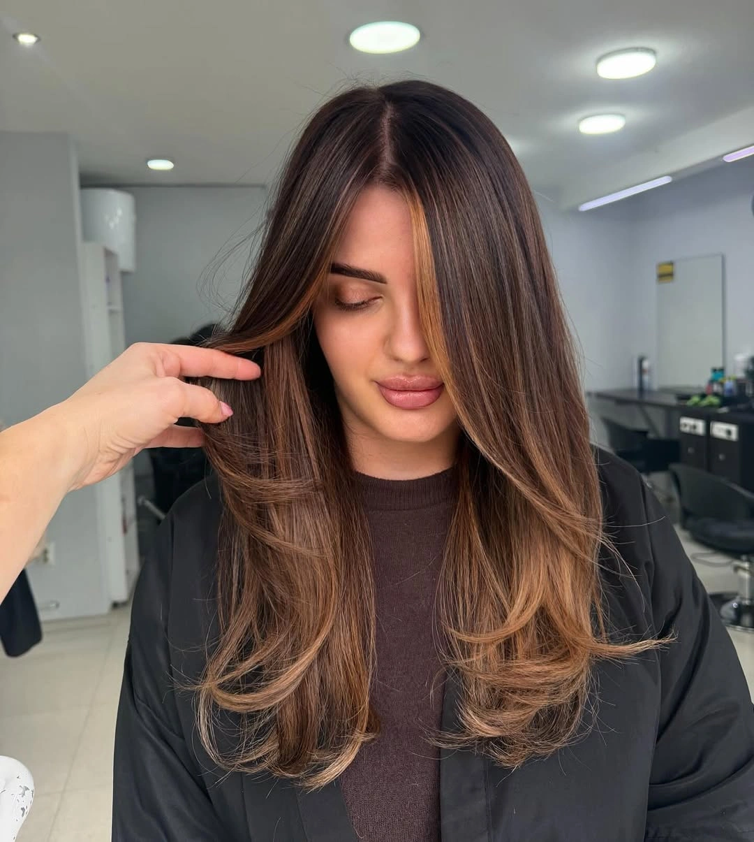 rich fall brunette hair colour 2026 Soft Mocha Brunette With Caramel Face-Framing Balayage