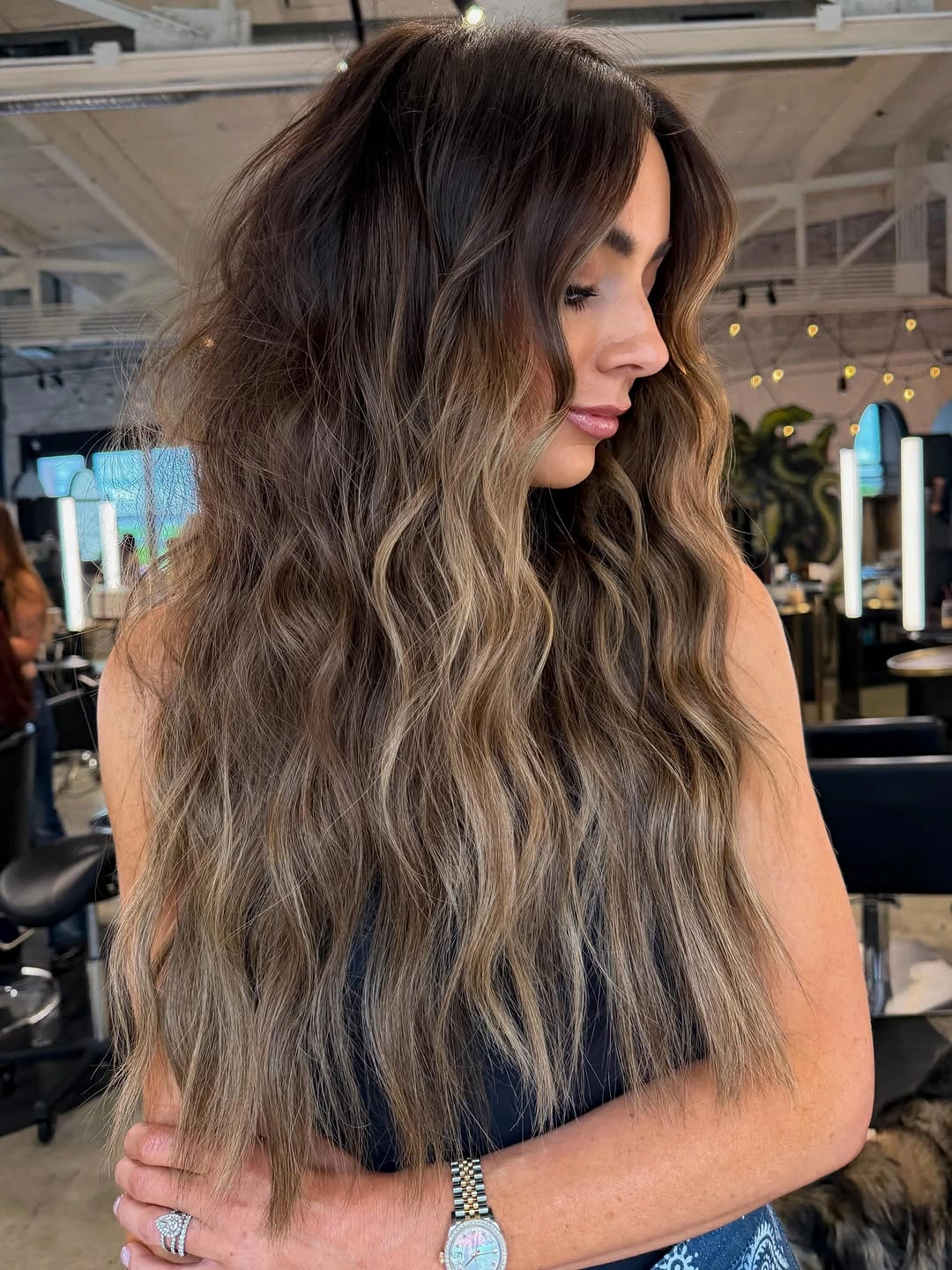 rich fall brunette hair colour 2026 Long Smoky Brunette With Sandy Blonde Ends