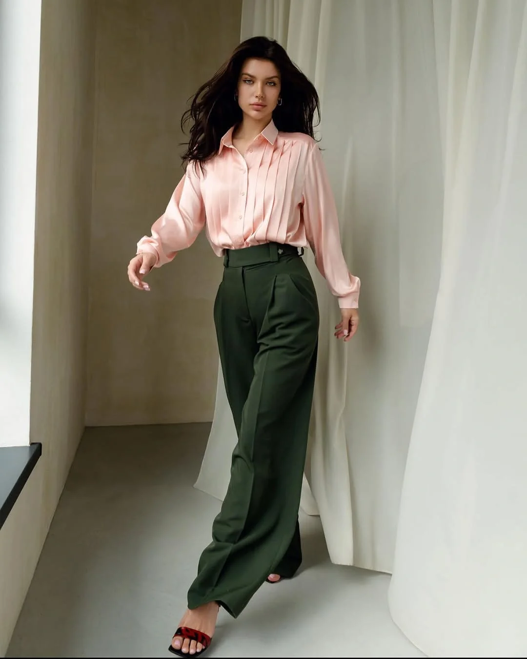 silk long sleeve blouse outfit fall 2026 Soft Pink Meets Deep Green