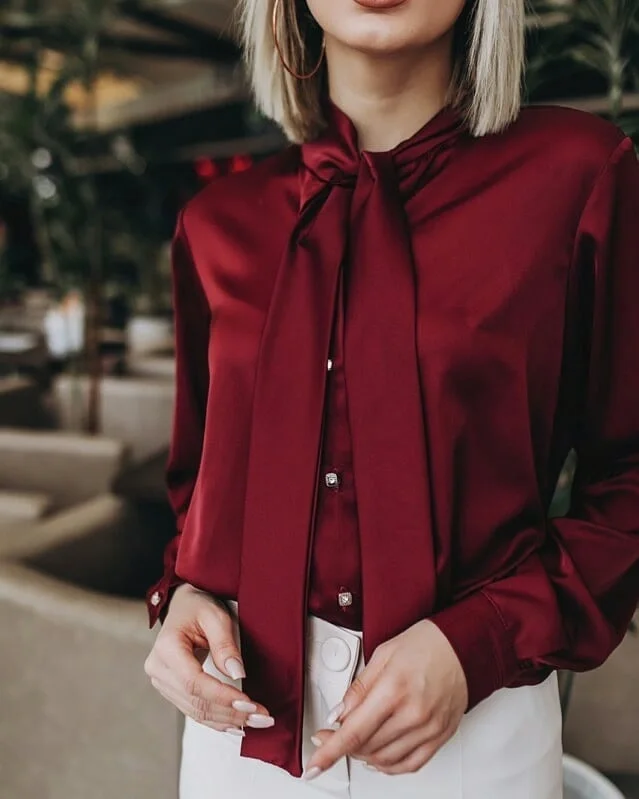 silk long sleeve blouse outfit fall 2026 Burgundy Silk That Instantly Elevates White Trousers