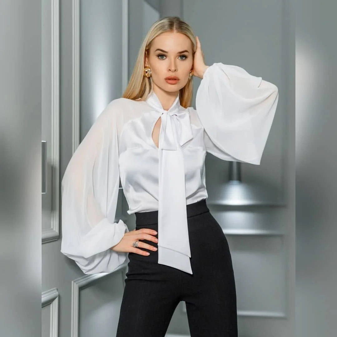 silk long sleeve blouse outfit fall 2026 Soft White Silk With Dramatic Sleeves