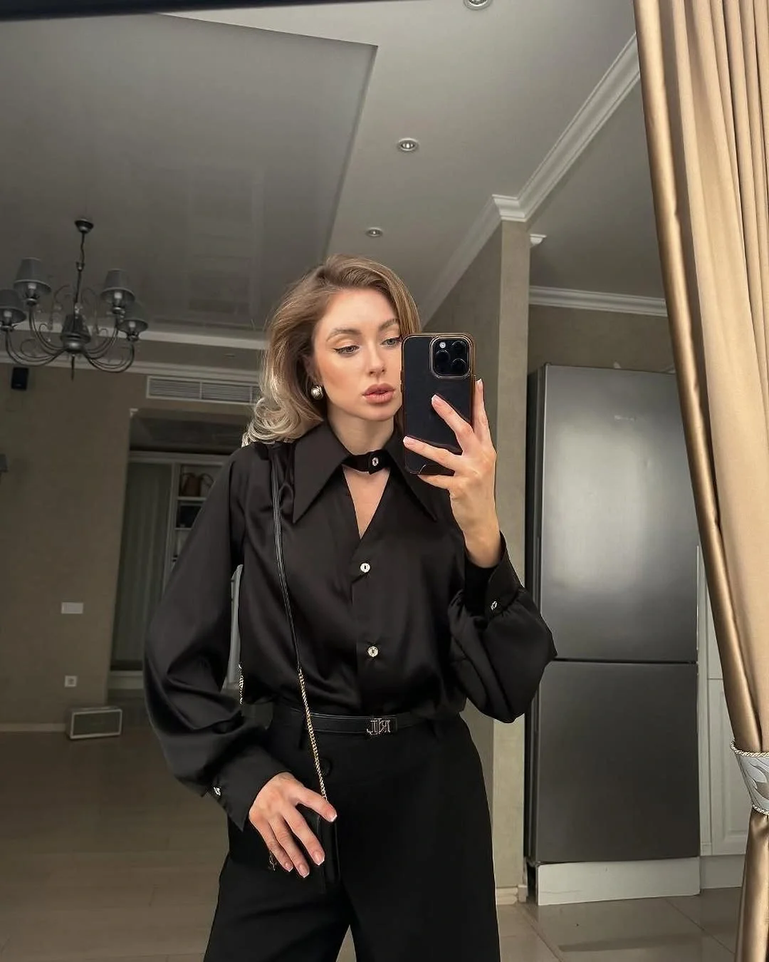 silk long sleeve blouse outfit fall 2026 Monochrome Black Silk With Modern Tailoring