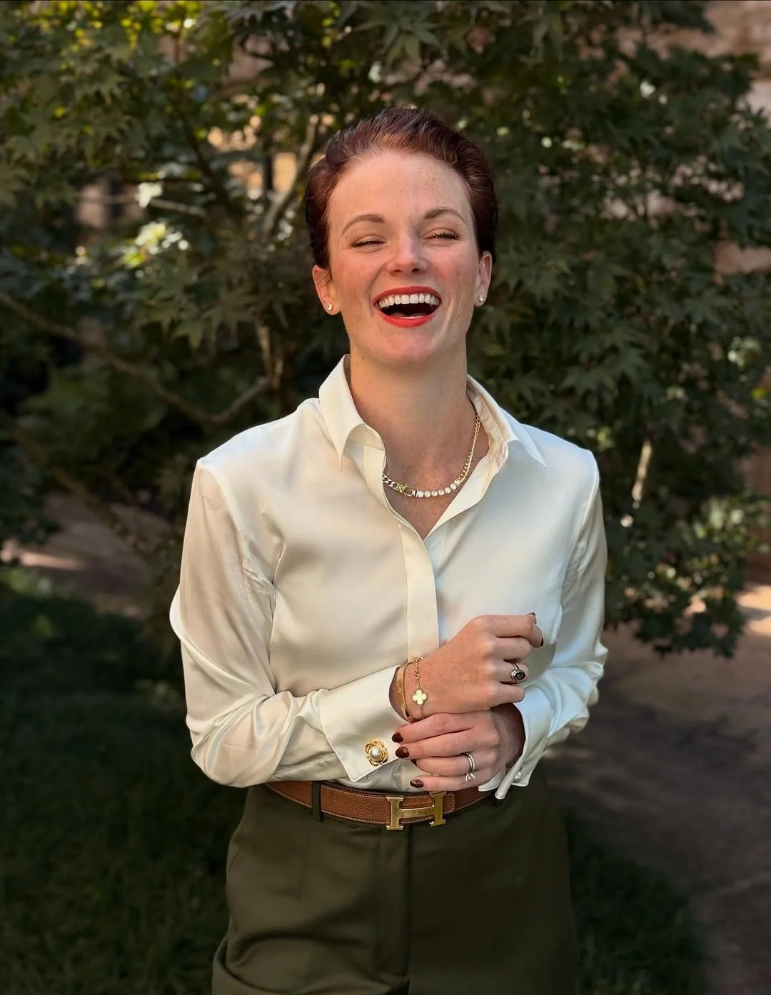 silk long sleeve blouse outfit fall 2026 Cream Silk And Olive Trousers For Timeless Fall Style