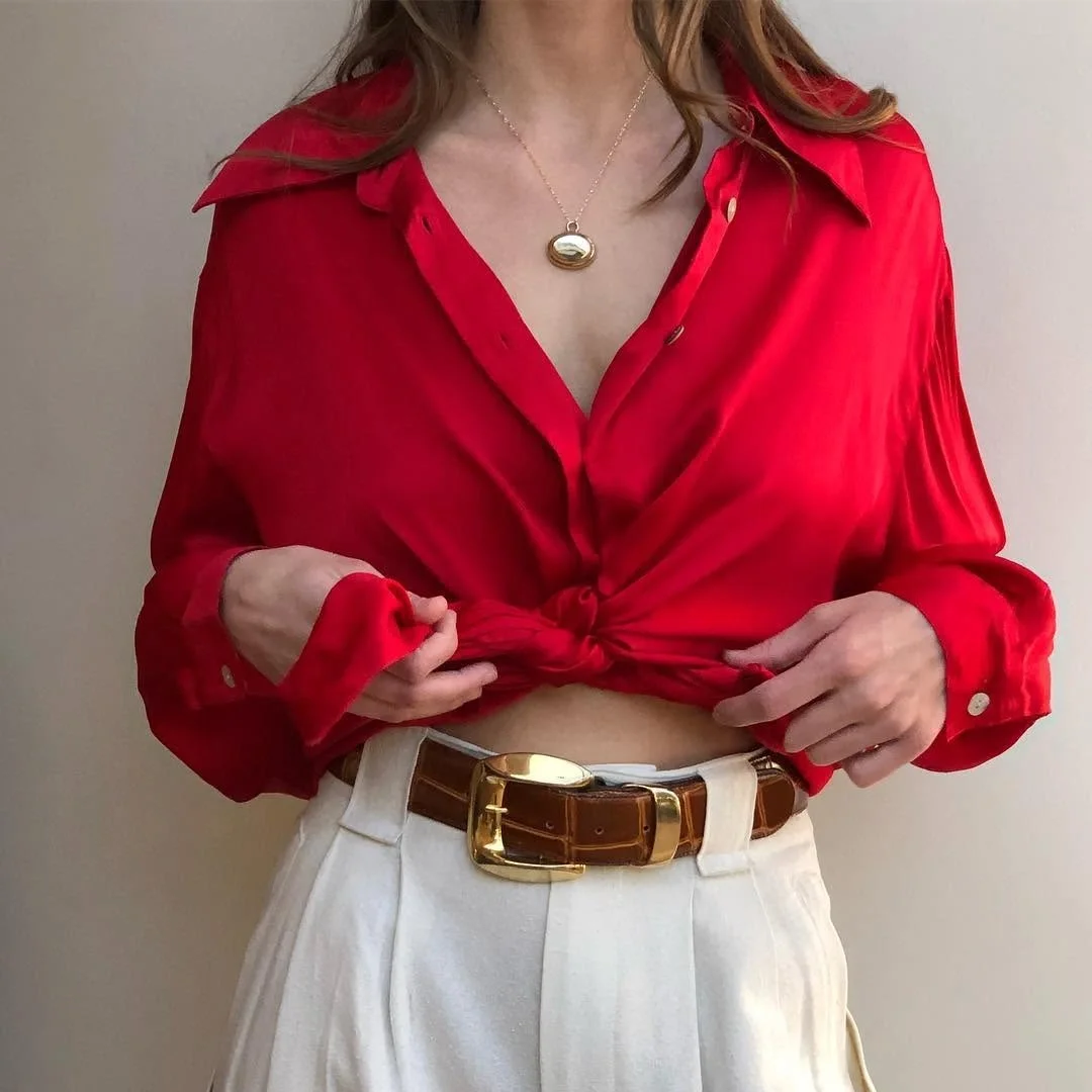 silk long sleeve blouse outfit fall 2026 A Bold Red Statement For Everyday Elegance