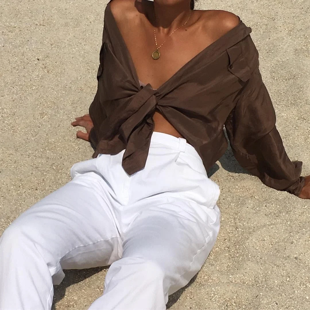 silk long sleeve blouse outfit fall 2026 Relaxed Beach Neutrals For Warm Fall Days