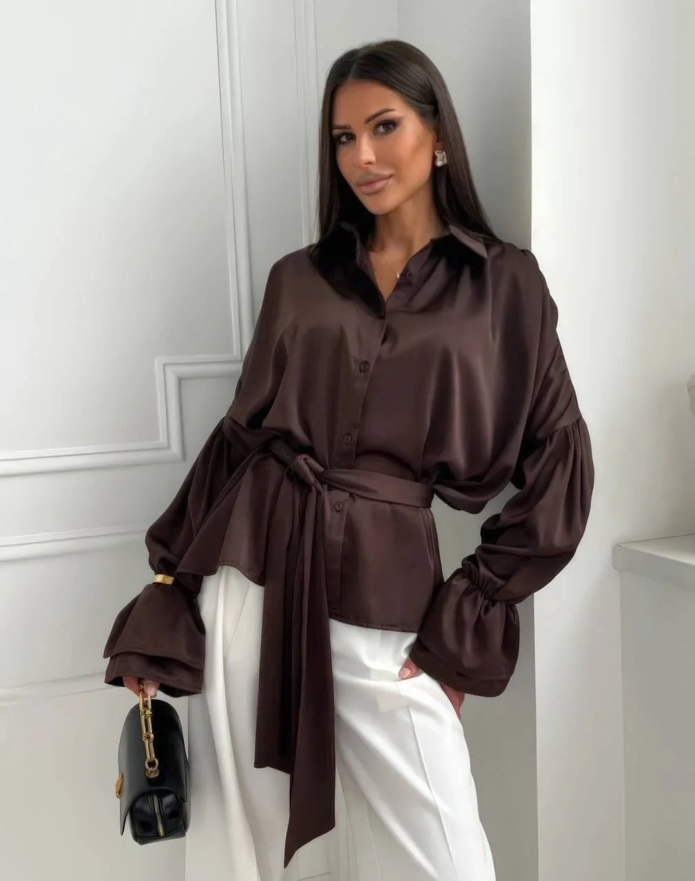 silk long sleeve blouse outfit fall 2026 Chocolate Silk With Modern Feminine Details