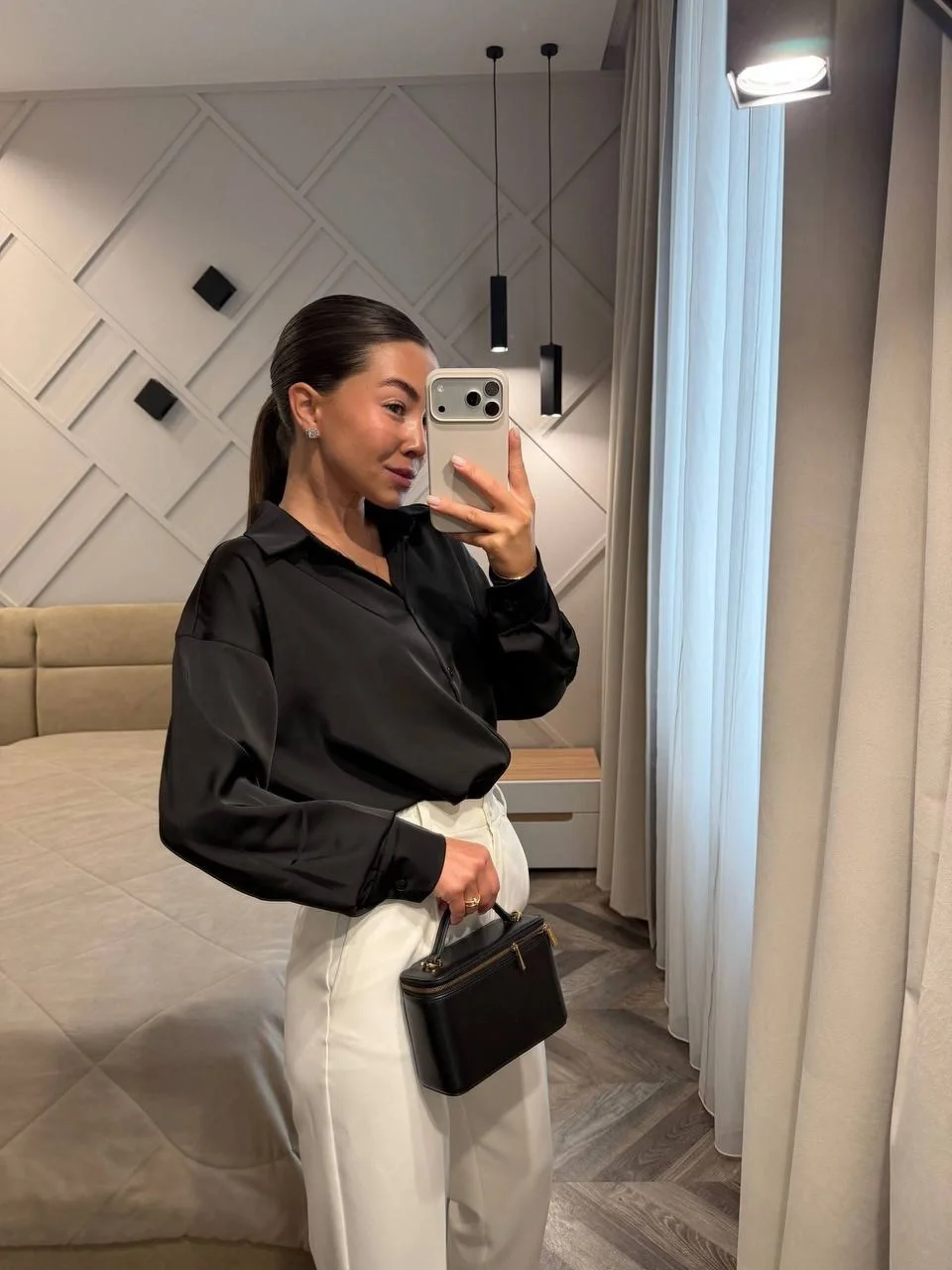 silk long sleeve blouse outfit fall 2026 Classic Black And White Confidence