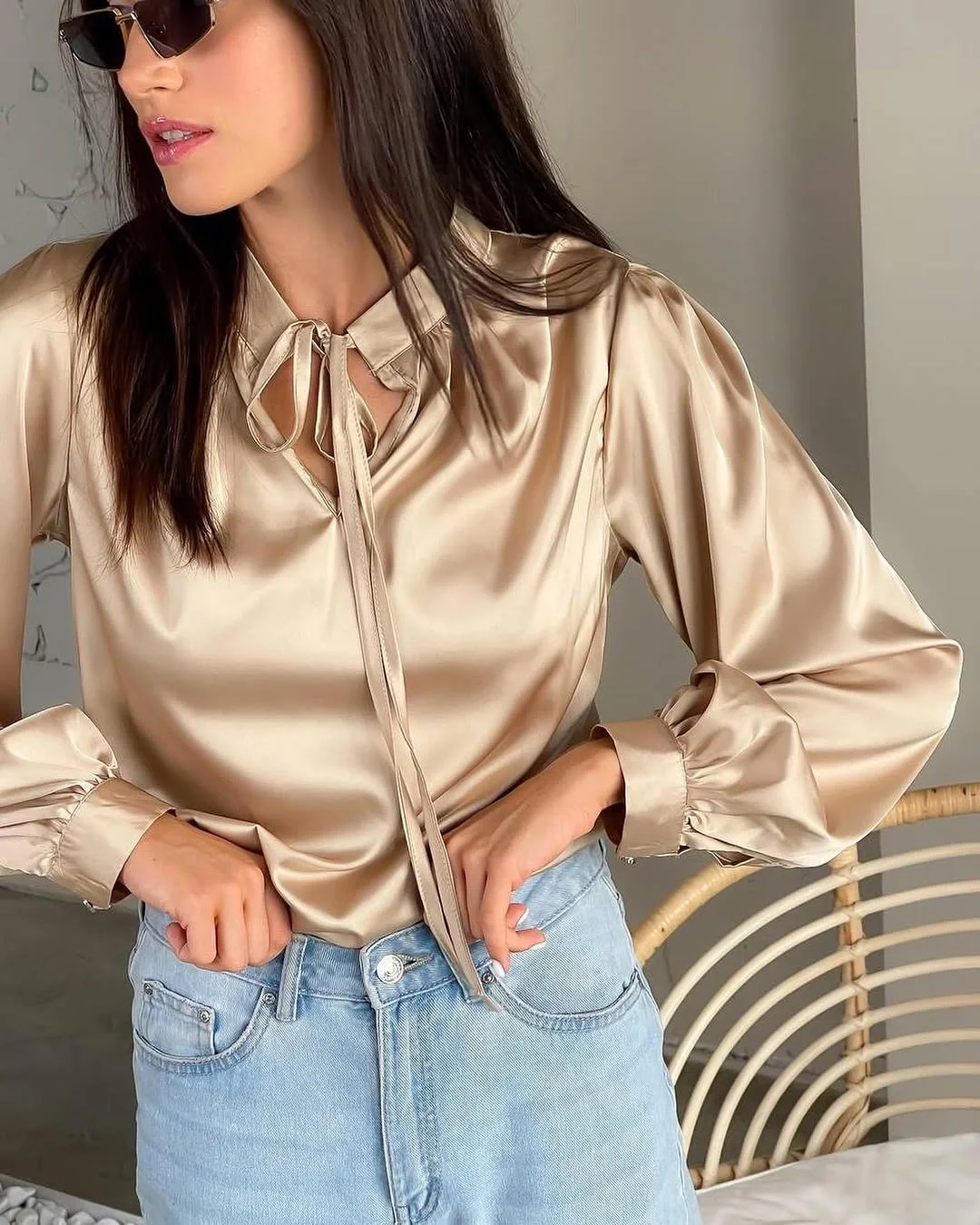 silk long sleeve blouse outfit fall 2026 Champagne Silk With Everyday Denim