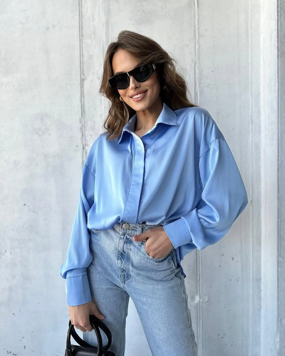 silk long sleeve blouse outfit fall 2026 Sky Blue Silk For Casual Fall Days