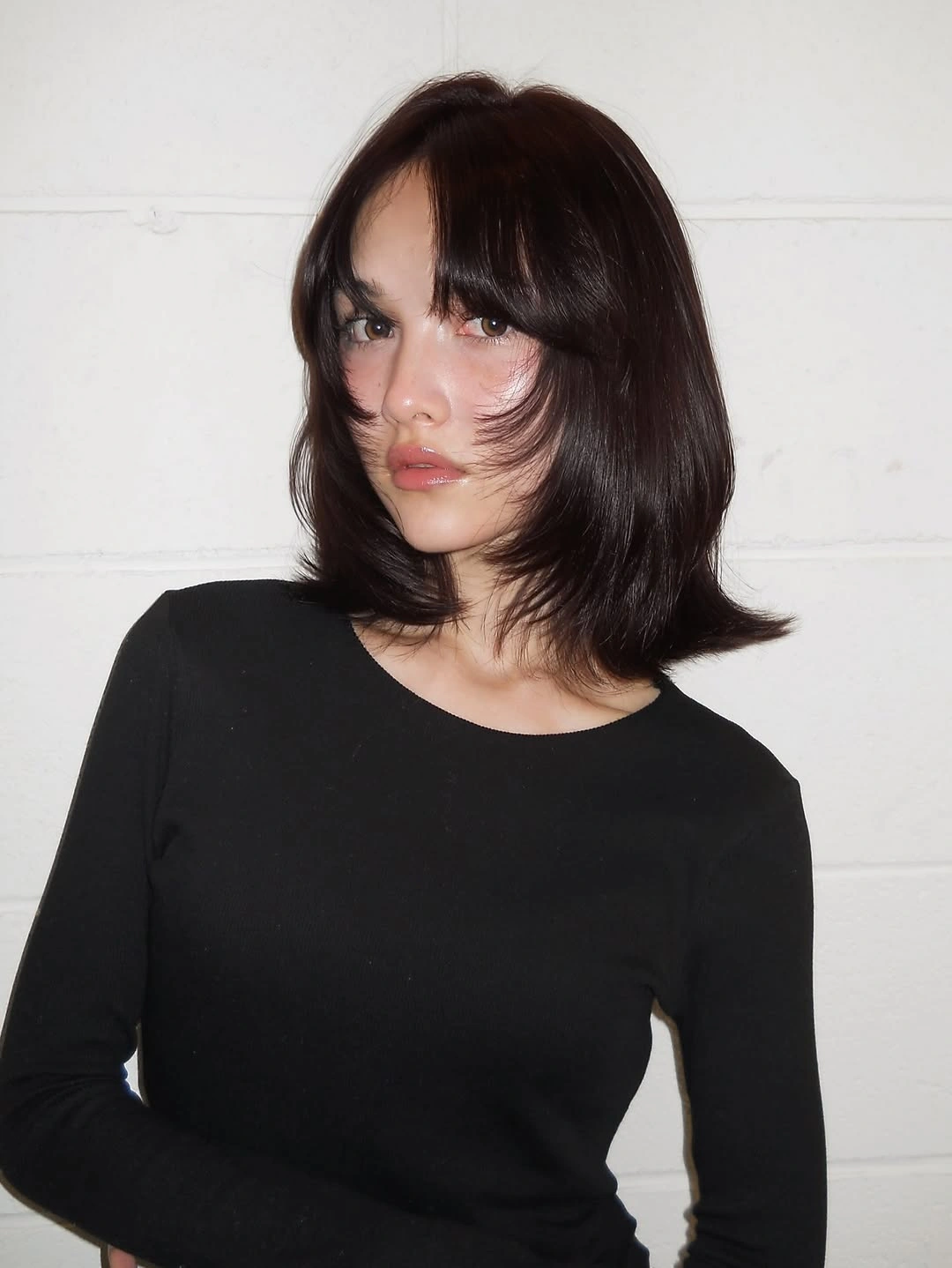 stylish choppy medium layered hair Sleek Chocolate Layers With Soft Curtain Fringe