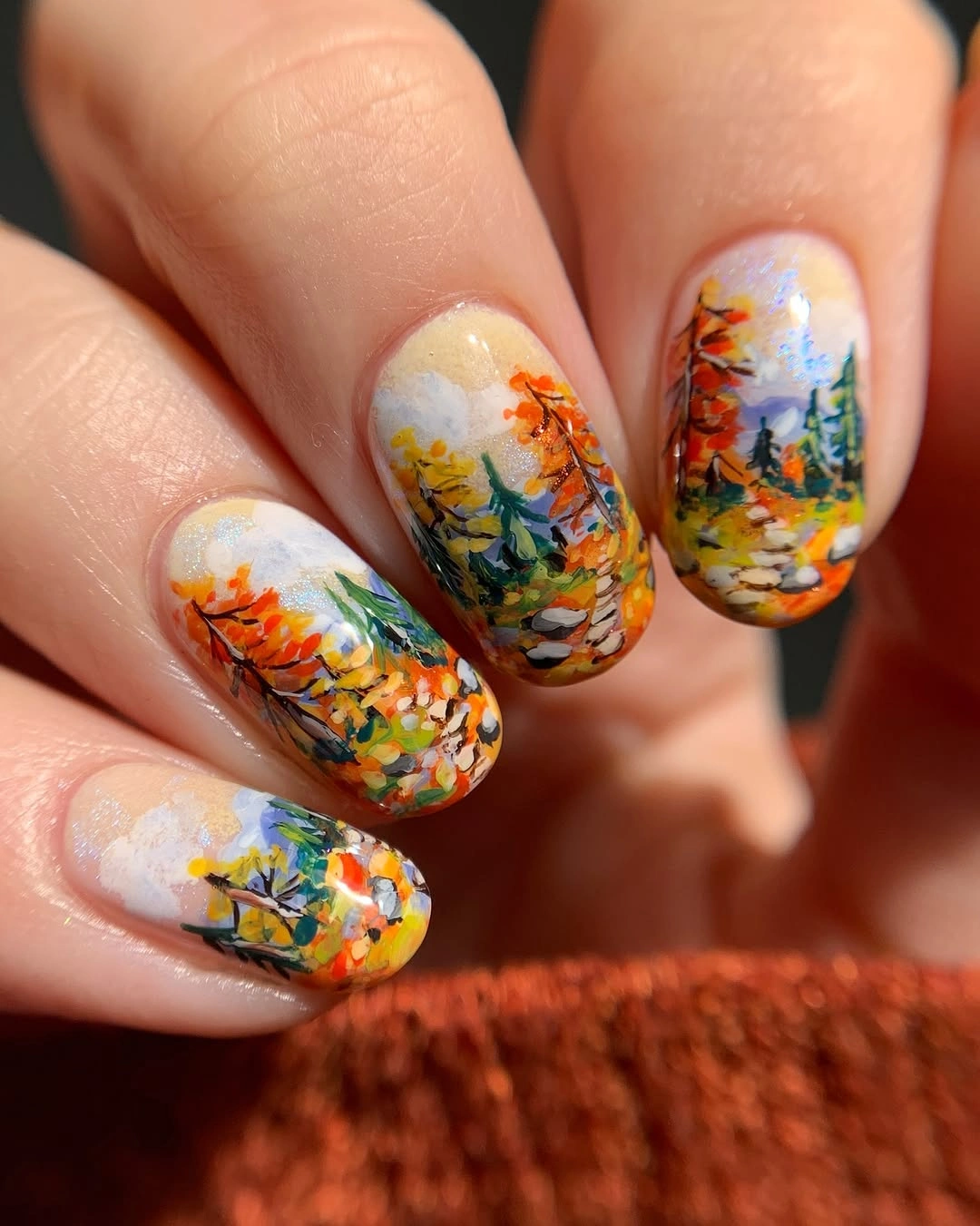 stylish fall medium nail ideas 2026 Painterly Autumn Landscape Nail Art