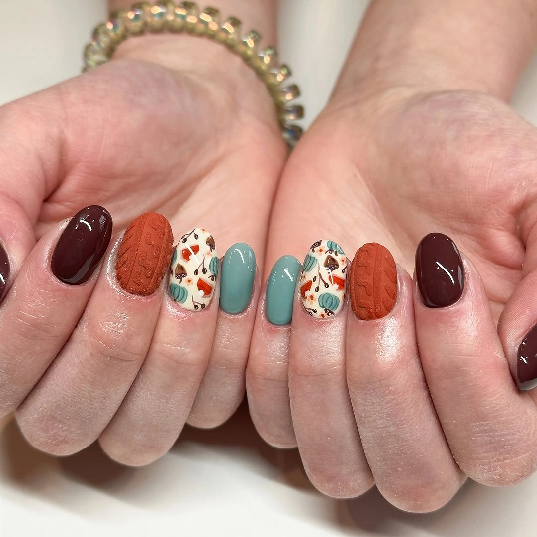 stylish fall medium nail ideas 2026 Cozy Sweater Texture With Playful Seasonal Accents