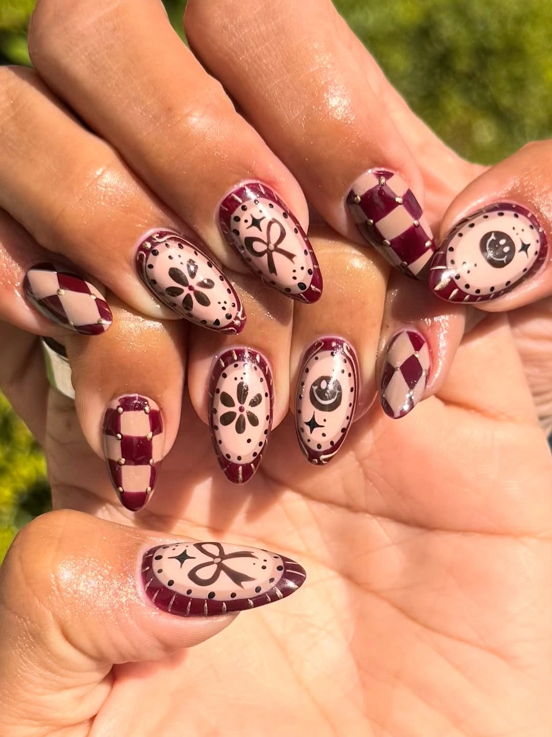stylish fall medium nail ideas 2026 Moody Burgundy Pattern Mix
