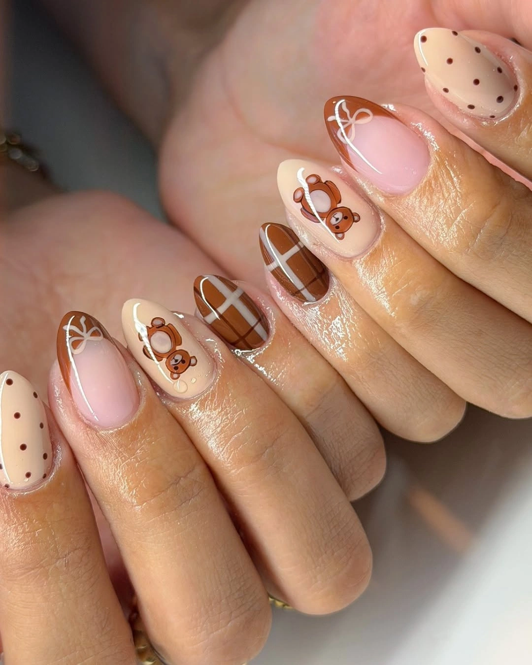 stylish fall medium nail ideas 2026 Sweet Teddy Bear Autumn Nails