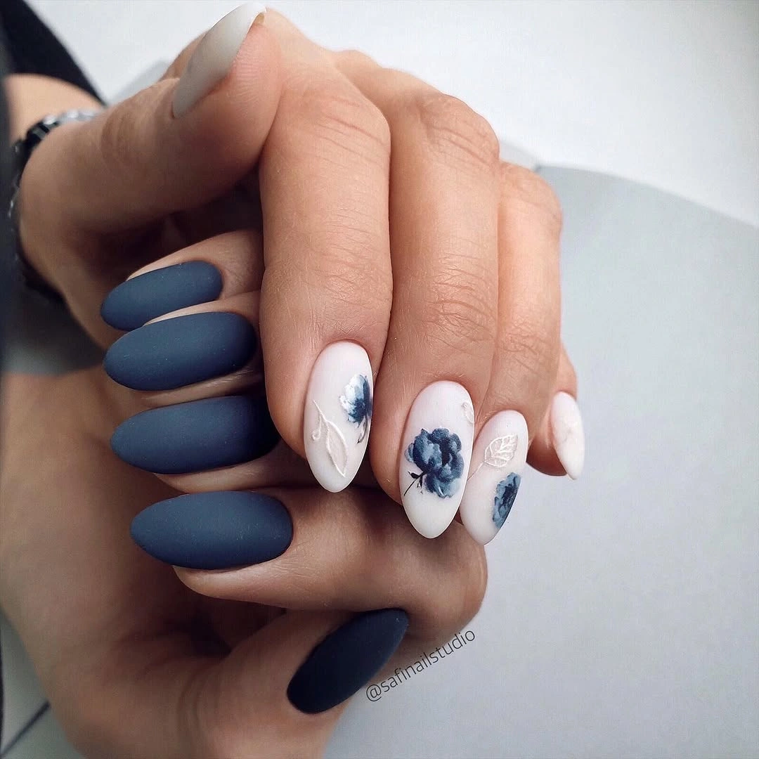 stylish fall nail art 2026 Moody Blue Floral Nails