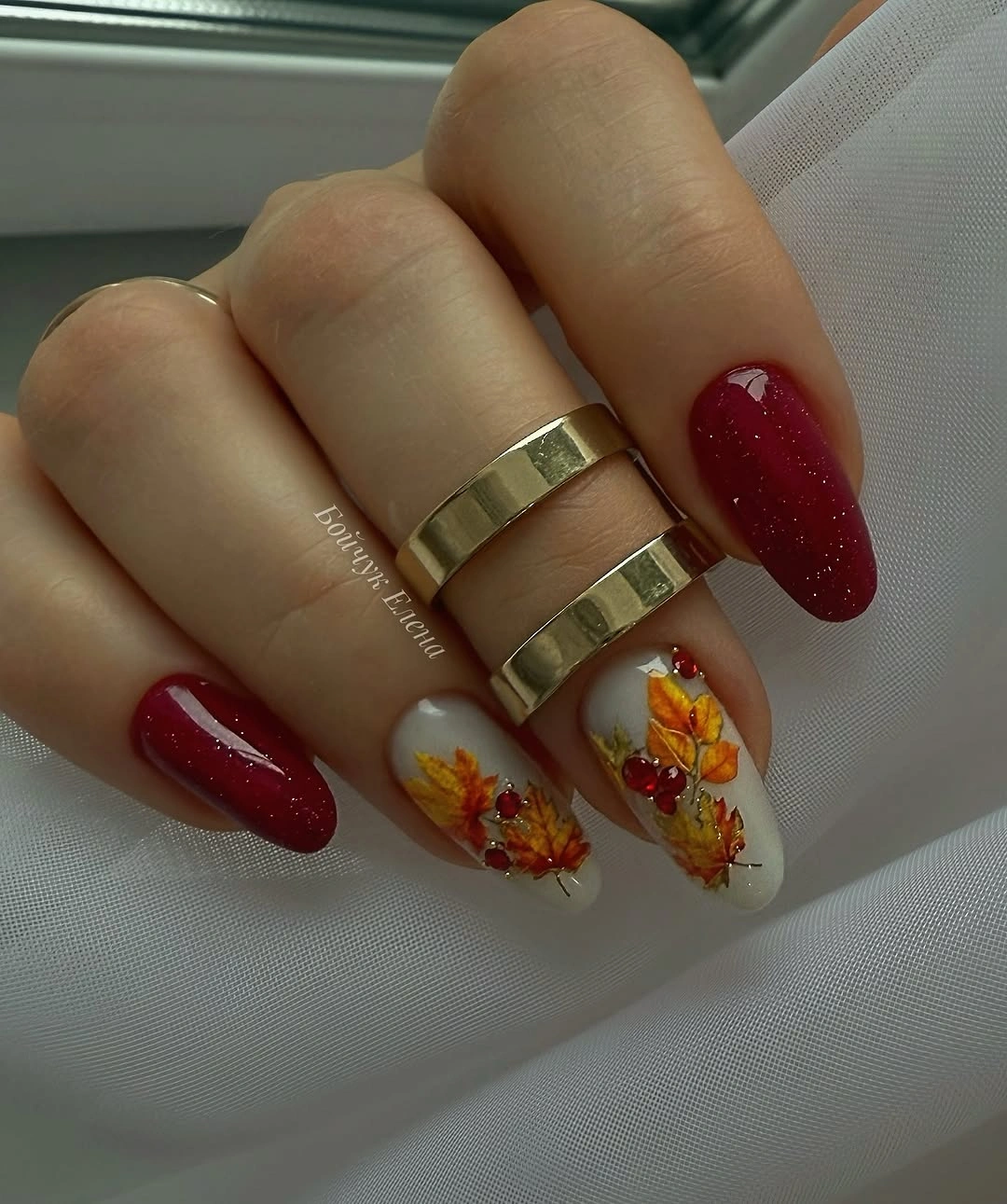 stylish fall nail art 2026 Crimson Leaves with Sparkling Autumn Accents