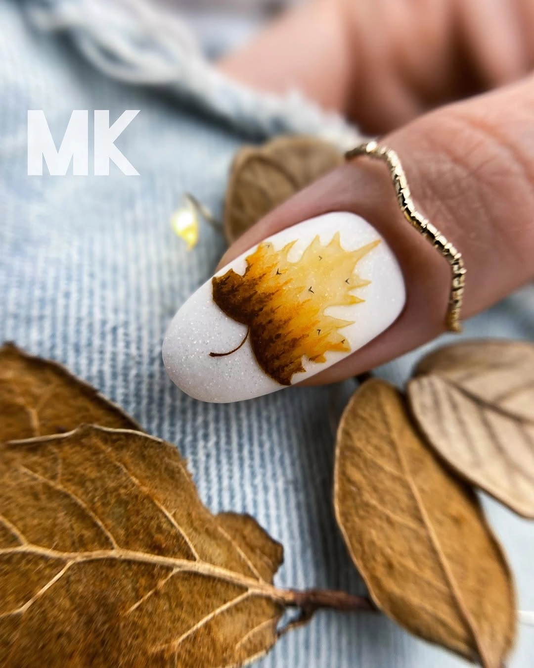 stylish fall nail art 2026 Simple Golden Maple Leaf Accent