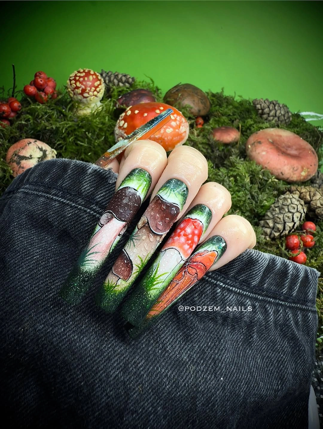 stylish fall nail art 2026 Enchanted Forest Mushroom Art