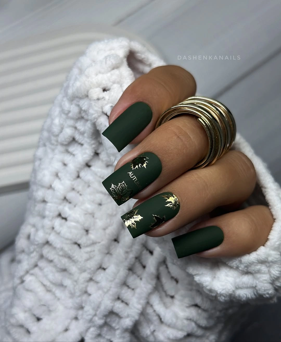 stylish fall nail art 2026 Forest Green Minimalist Leaves