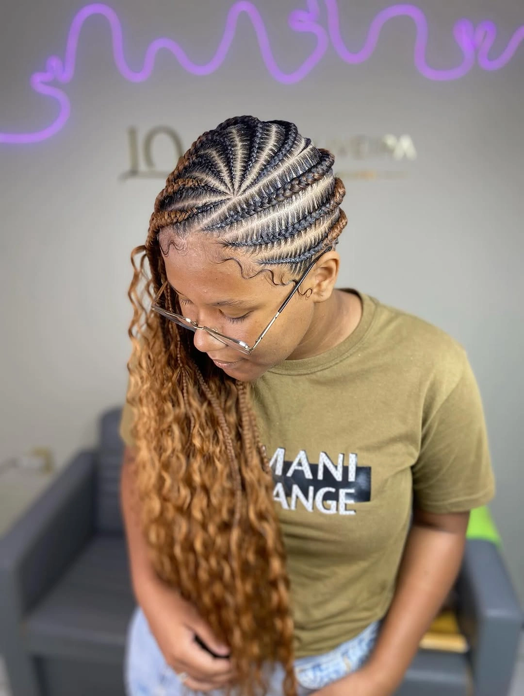 stylish lemonade braid hairstyle Radiating Cornrow Lines with Flowing Honey Length