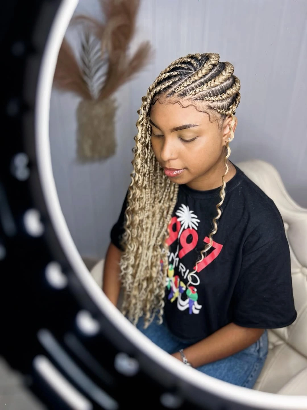 stylish lemonade braid hairstyle Golden Blonde Braids with Soft Curly Ends