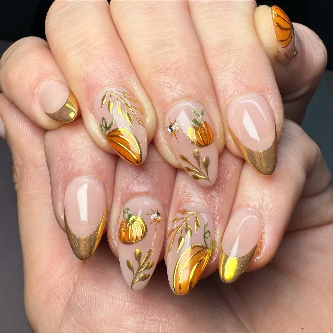 stylish september nail designs 2026 Golden Pumpkin Accents for Elegant Fall Almond Nails
