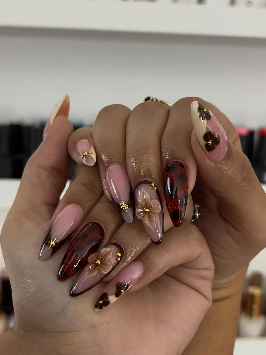 stylish september nail designs 2026 Glossy Floral Tortoiseshell Nails