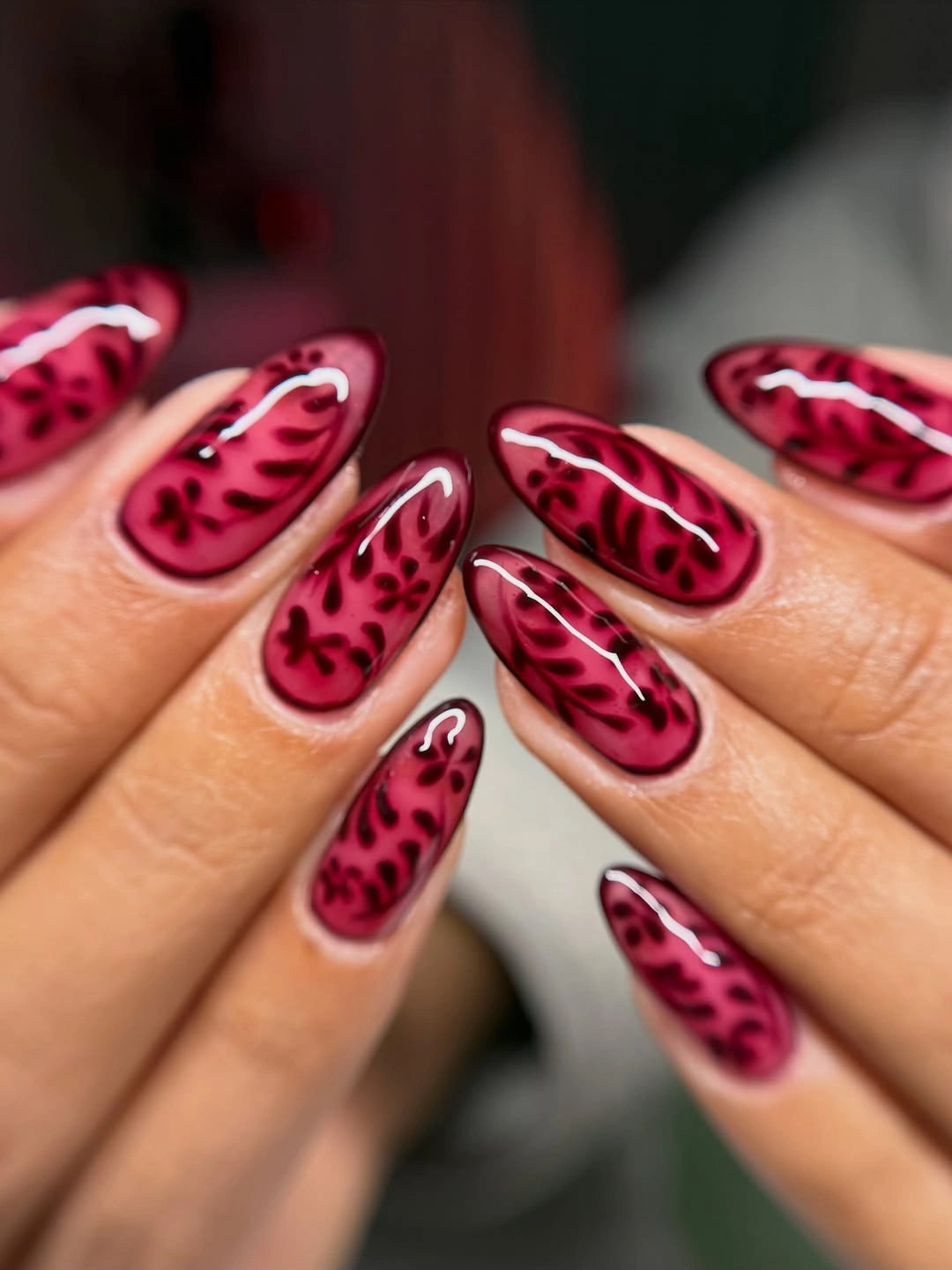 stylish september nail designs 2026 Deep Cranberry Botanical Glass Nails