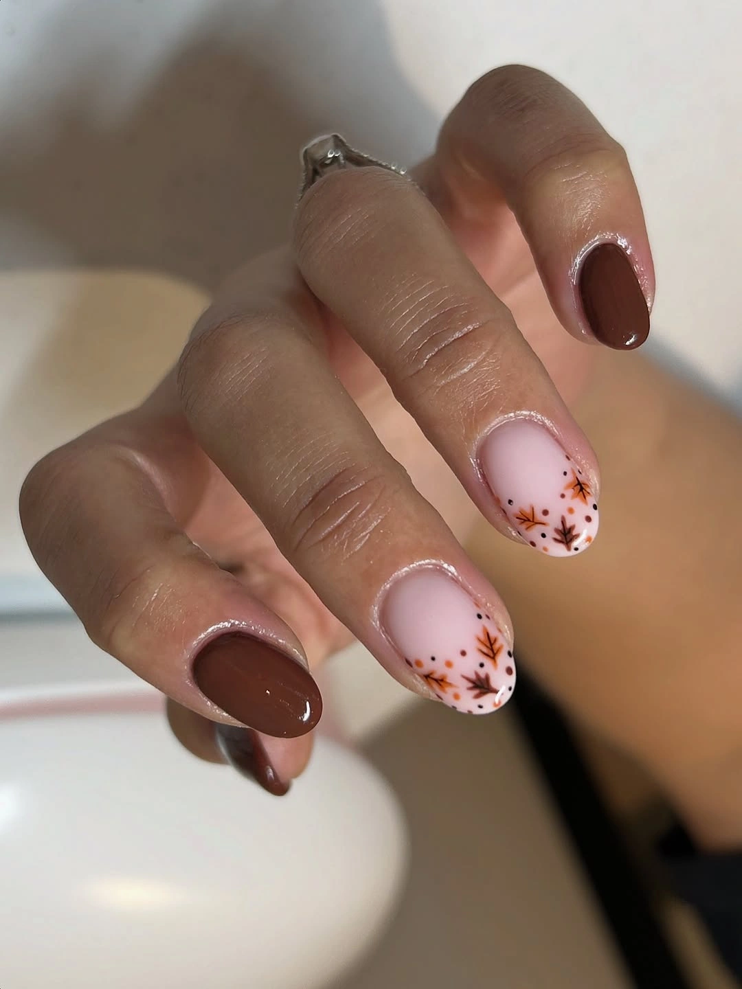 stylish september nail designs 2026 Chocolate Leaves for a Cozy September Finish