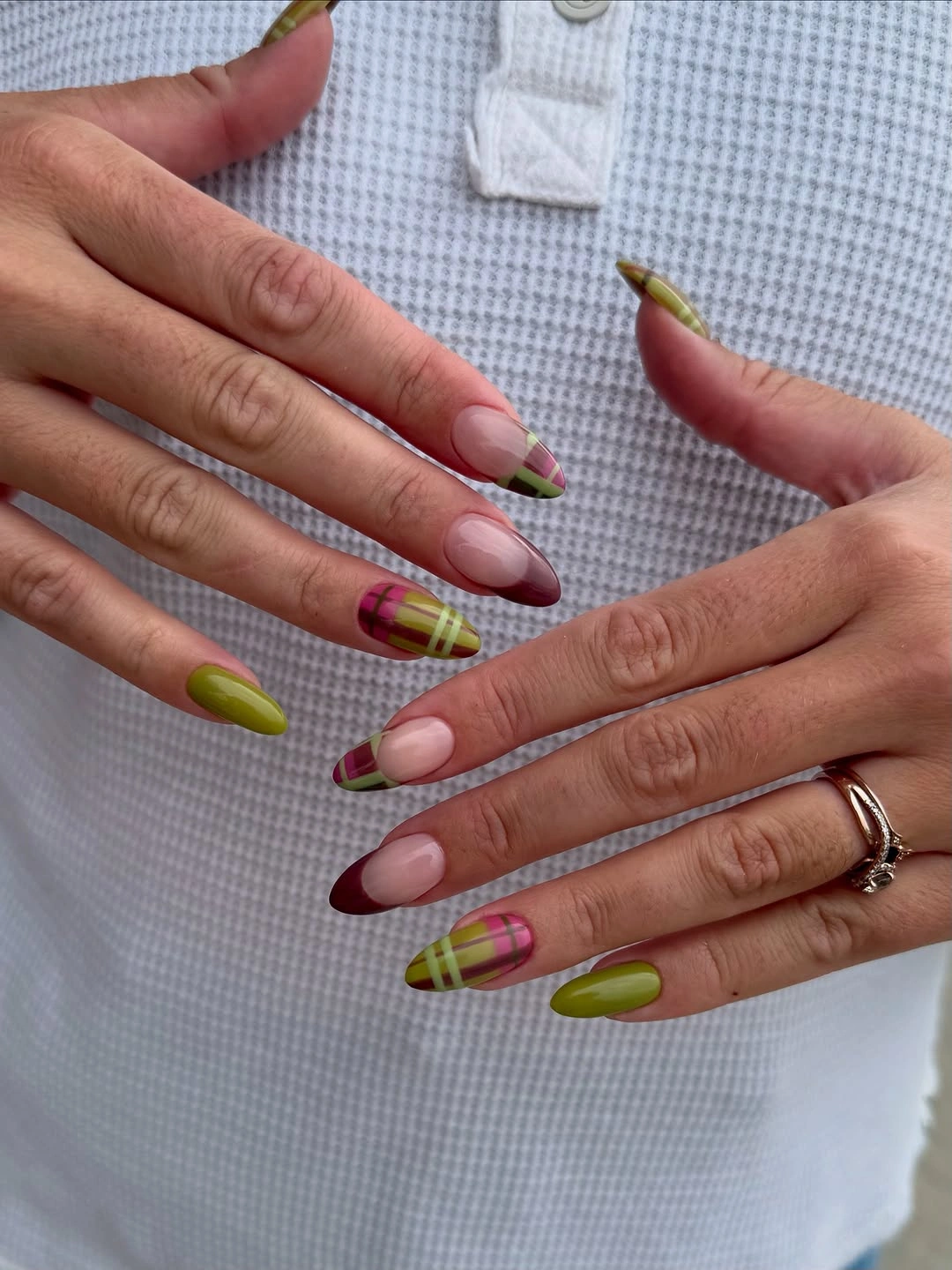stylish september nail designs 2026 Colorful Plaid Fall Almond Nails