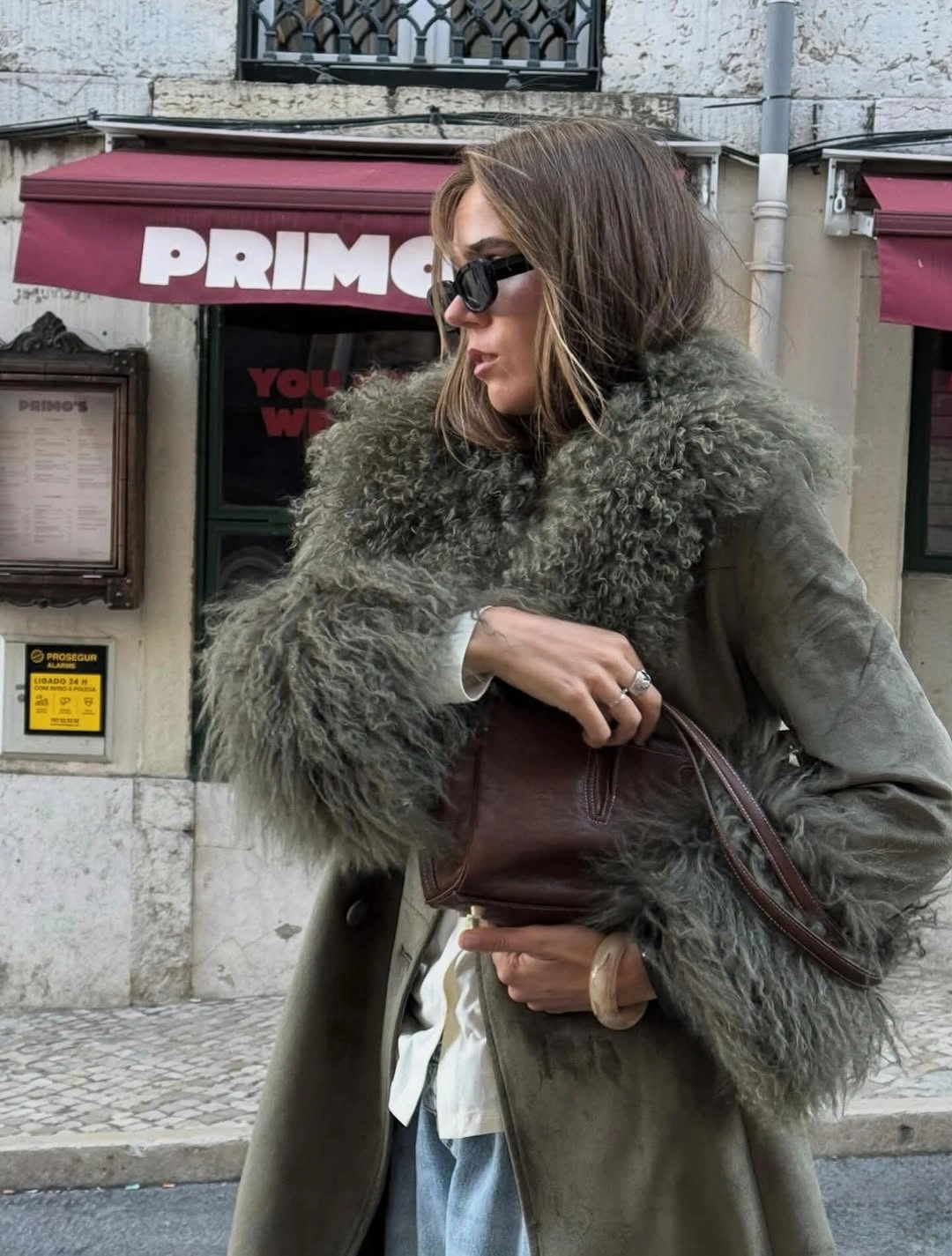 stylish shaggy jacket Earthy Green Layers With Soft Fur Texture