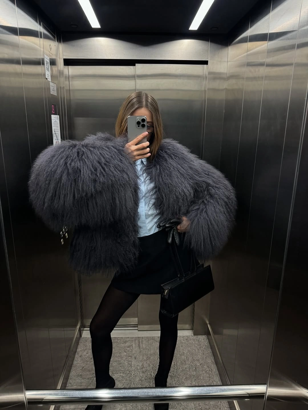stylish shaggy jacket Modern Volume With A Cropped Grey Jacket