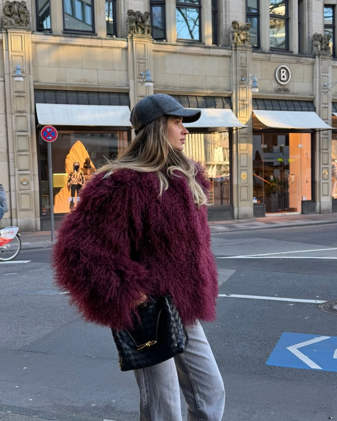 stylish shaggy jacket Burgundy Texture With City Confidence