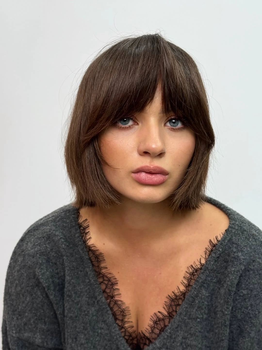 stylish short bobbed hairstyle French Bob With Full Fringe