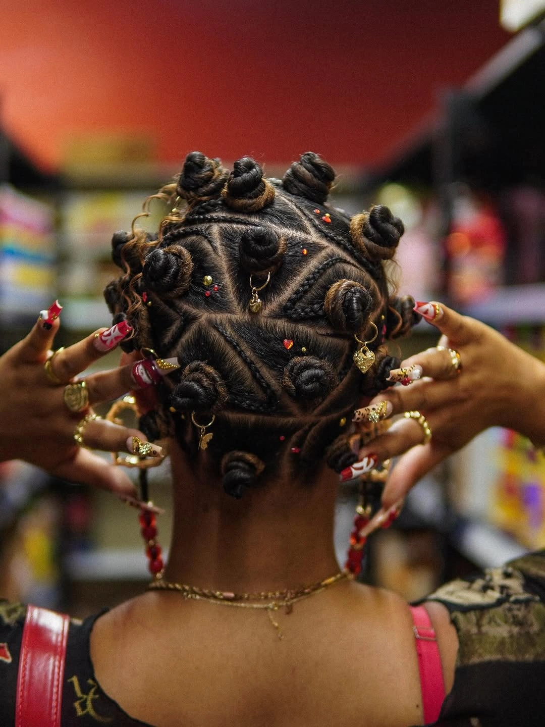 trendy bantu knots hairstyles Artistic Bantu Knot Pattern With Jewelry Details