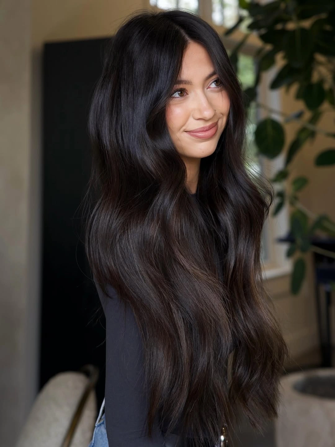 trendy dimensional brunette hair color Deep Espresso Brunette With Silky Length