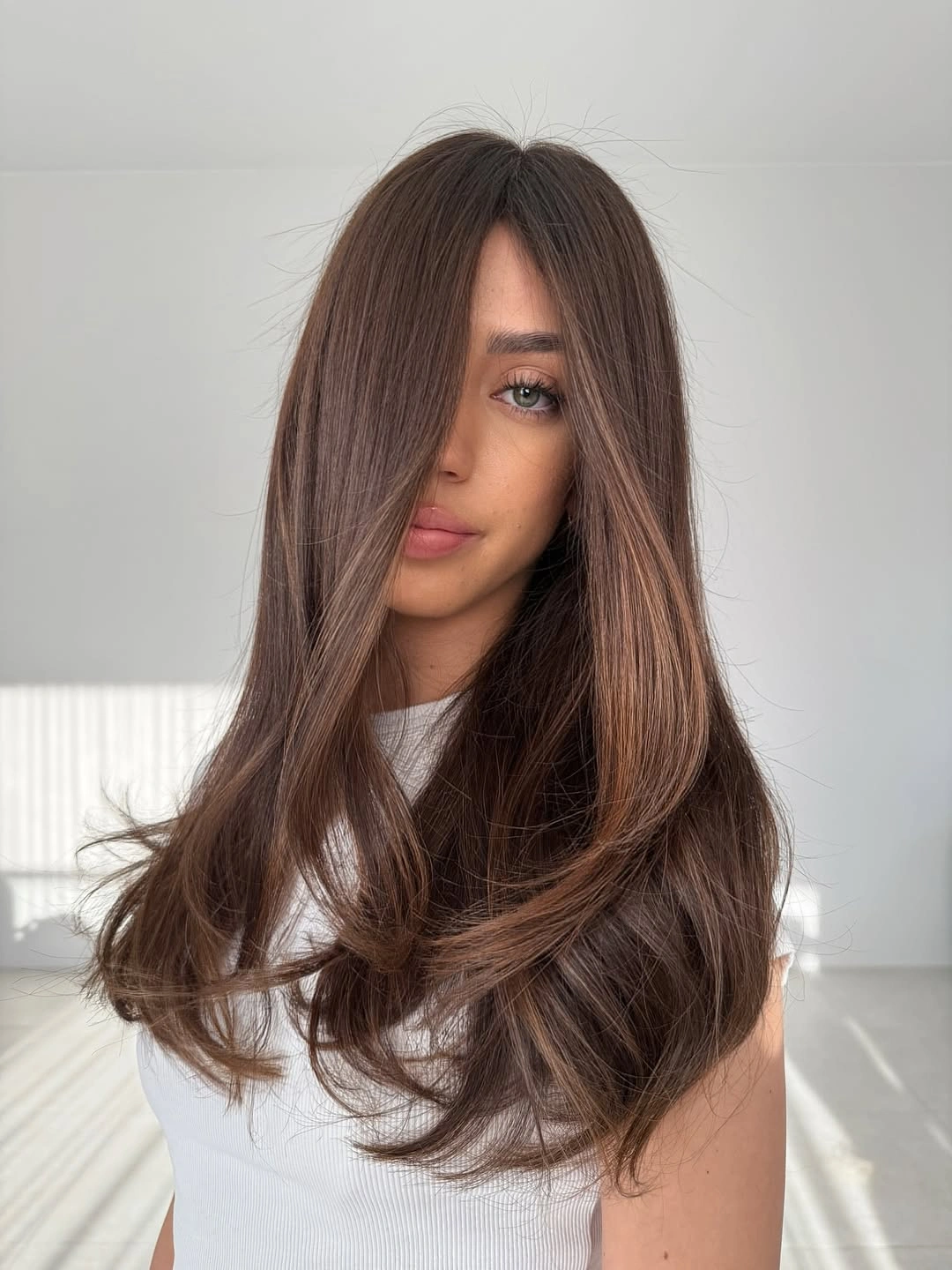 trendy dimensional brunette hair color Silky Mocha Brunette With Airy Layers