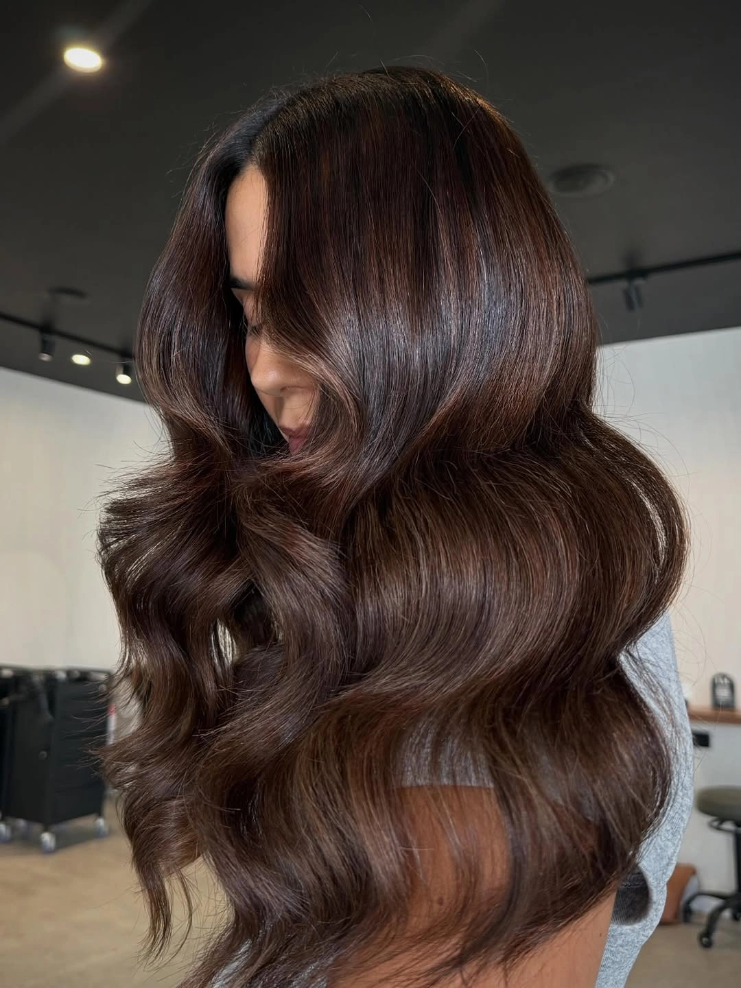 trendy dimensional brunette hair color Glossy Espresso Waves With Luxurious Dimension