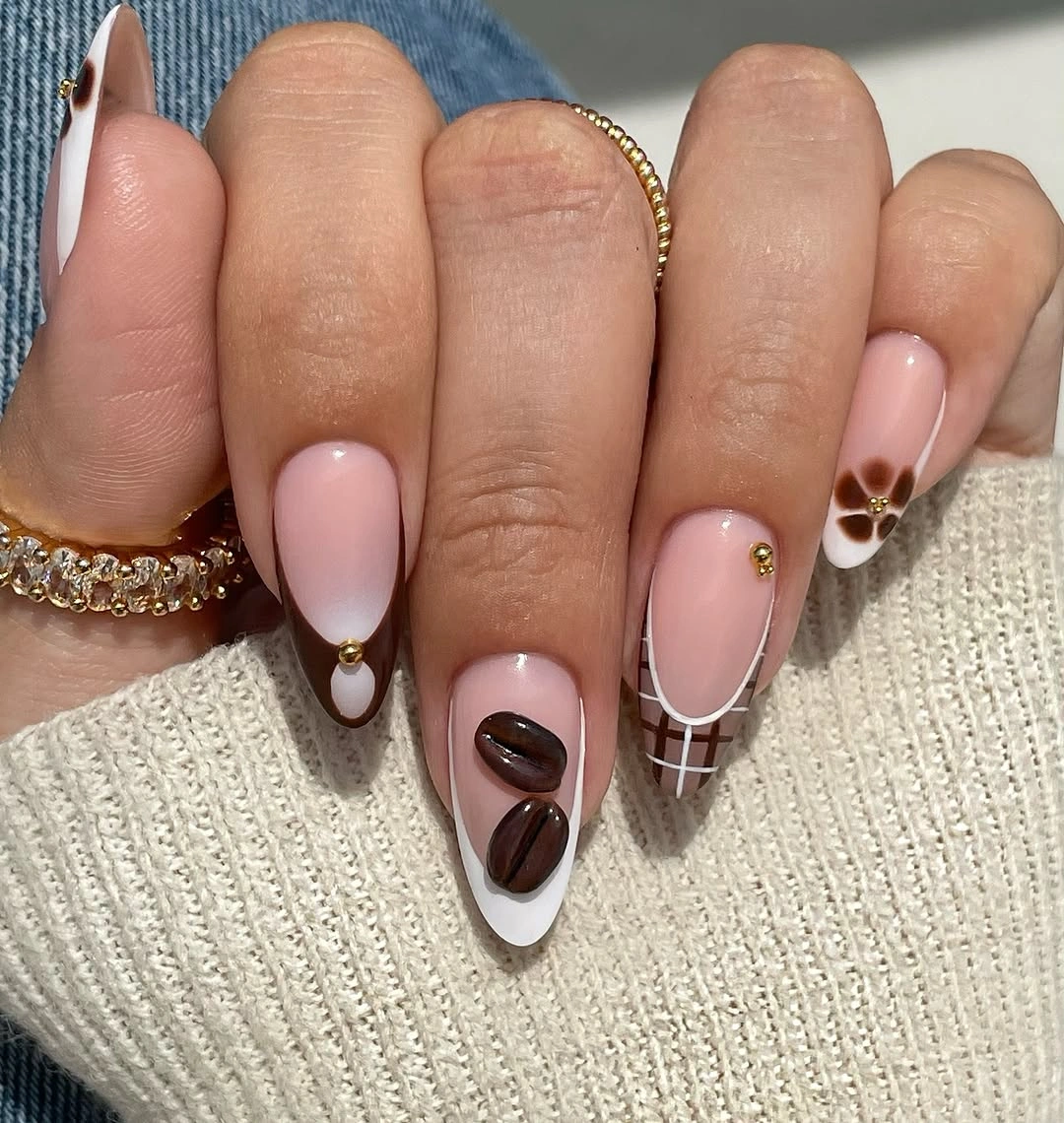 trendy fall almond nails 2026 Latte French Almond Nails With Coffee-Inspired Details