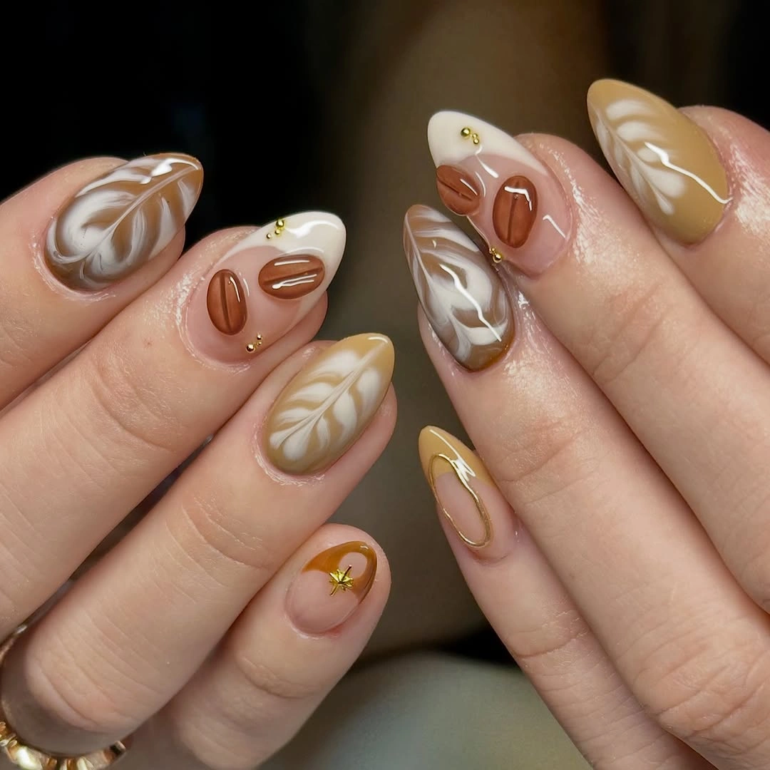 trendy fall almond nails 2026 Soft Sage And Coffee Art