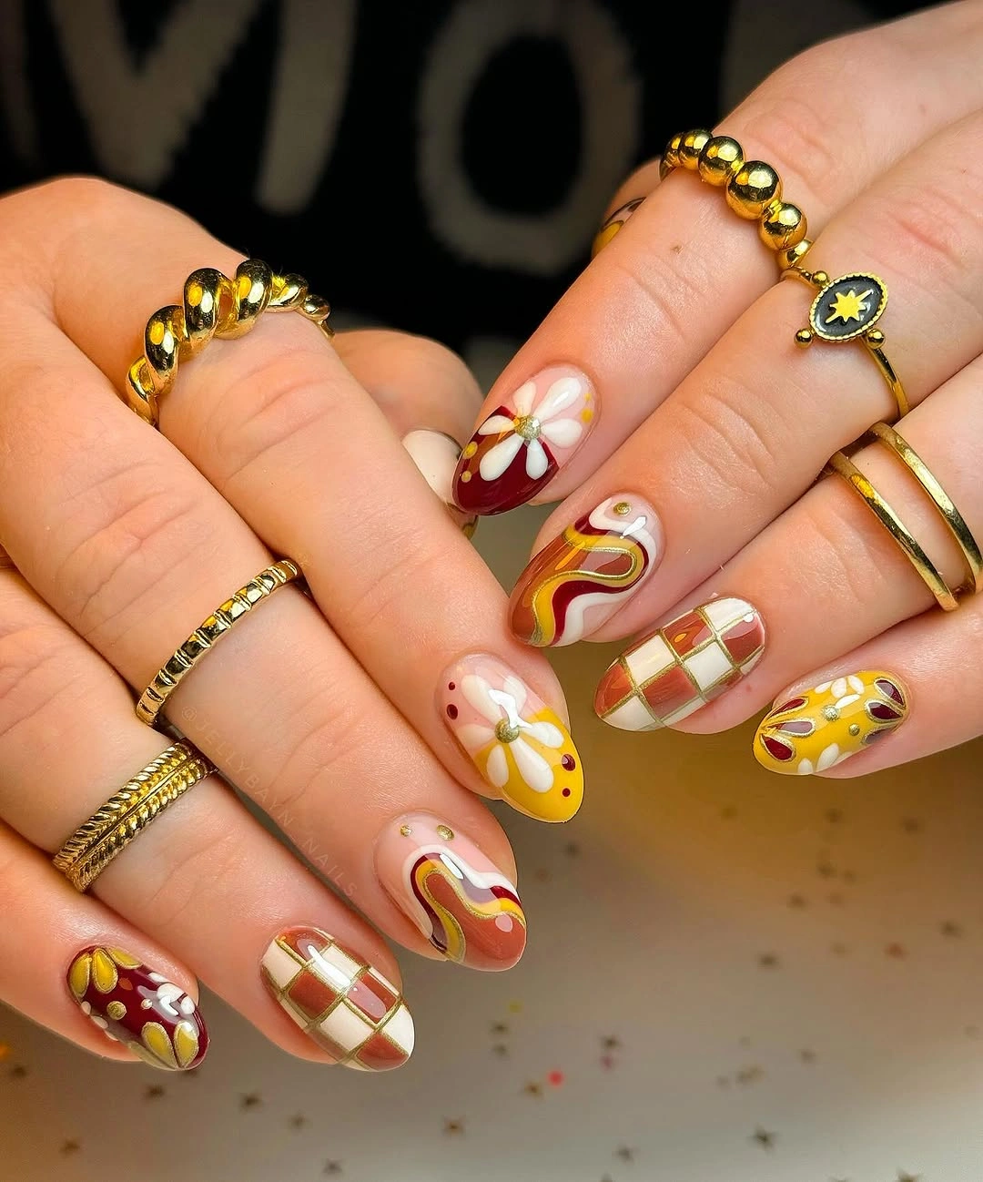 trendy fall almond nails 2026 Retro Harvest Pattern Mix