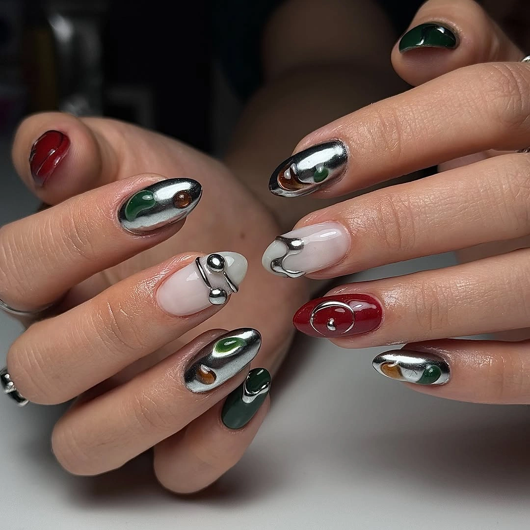 trendy fall almond nails 2026 Modern Chrome Jewel Accents